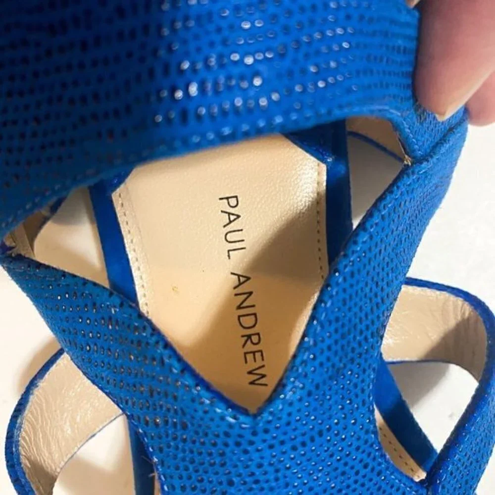 Paul Andrew double ankle strap flat thong sandals in blue embossed suede, New